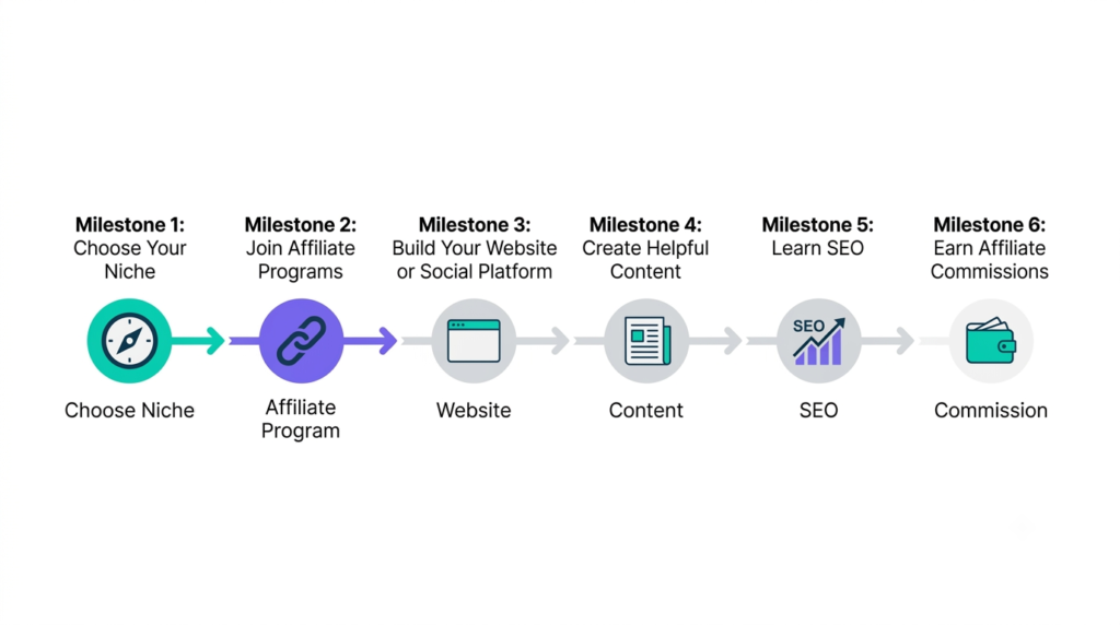 Beginner roadmap showing the steps to start affiliate marketing successfully