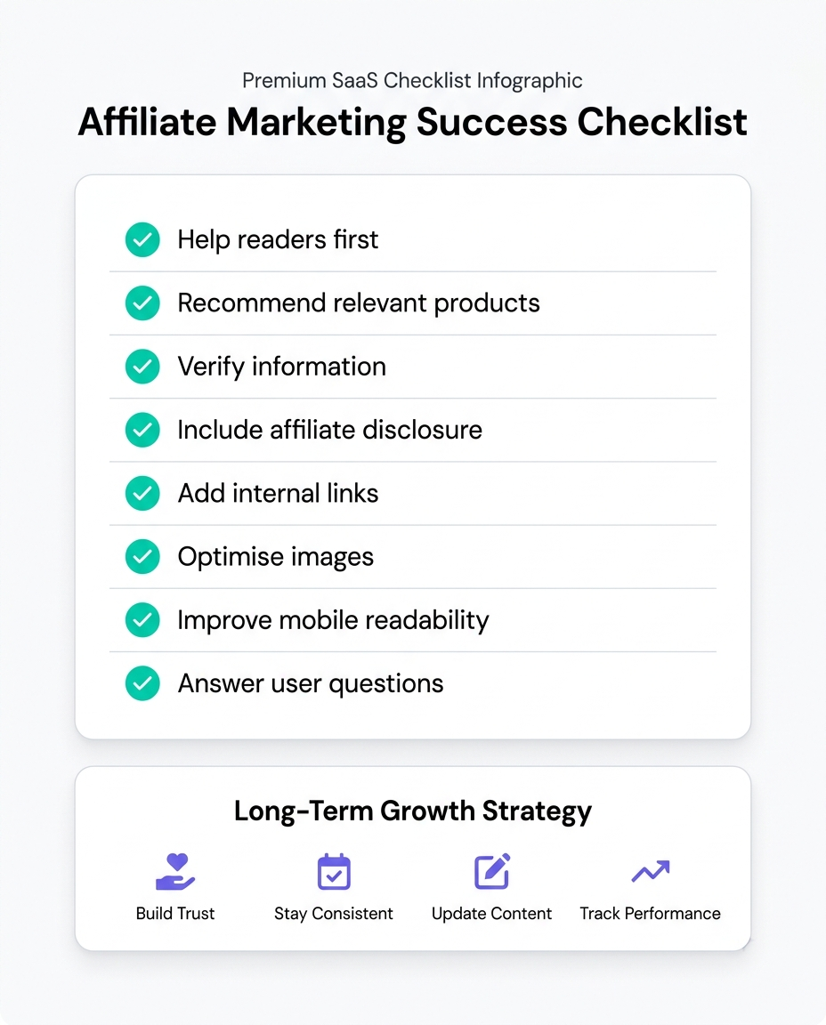 Affiliate marketing success checklist infographic showing best practices for publishers before publishing content.
