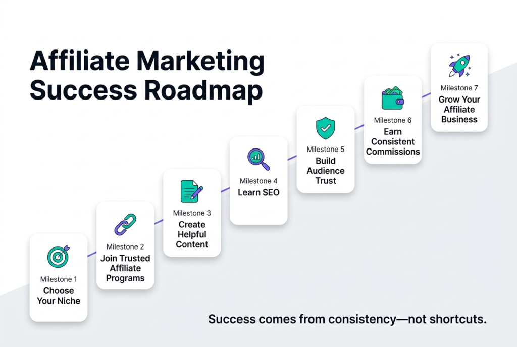 Affiliate marketing roadmap showing the steps to long-term success.