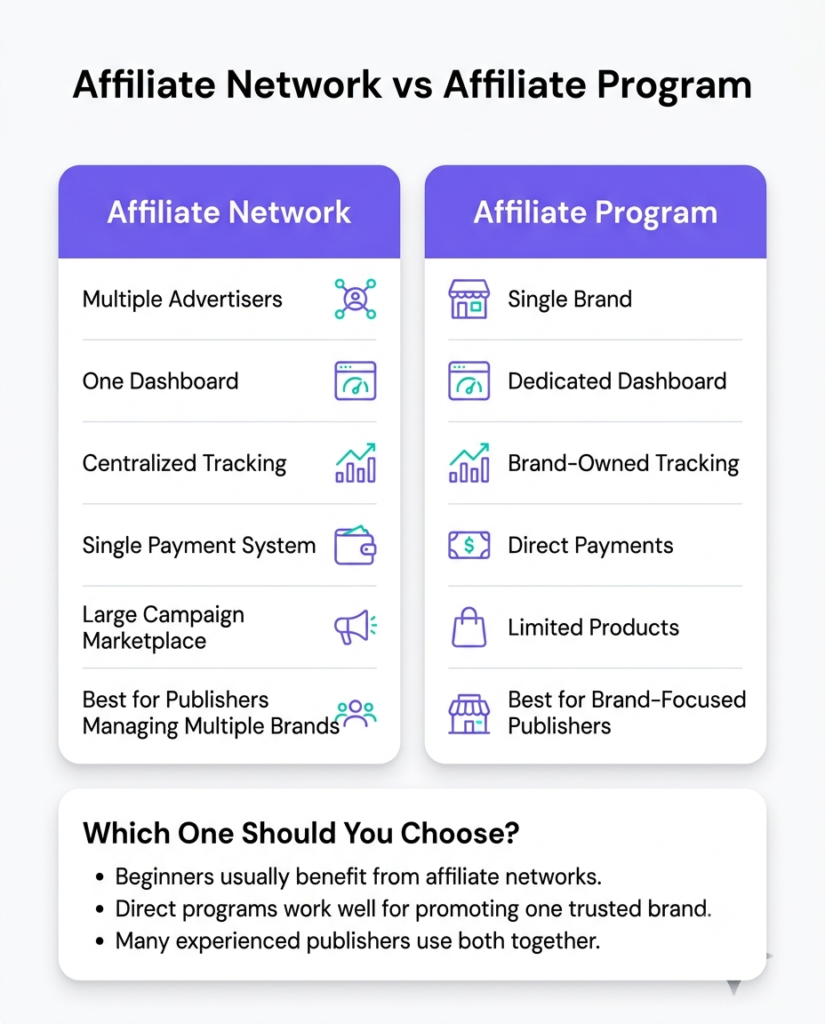 Comparison between an affiliate network and an individual affiliate program showing differences in advertisers, tracking, payments, and campaign management.
