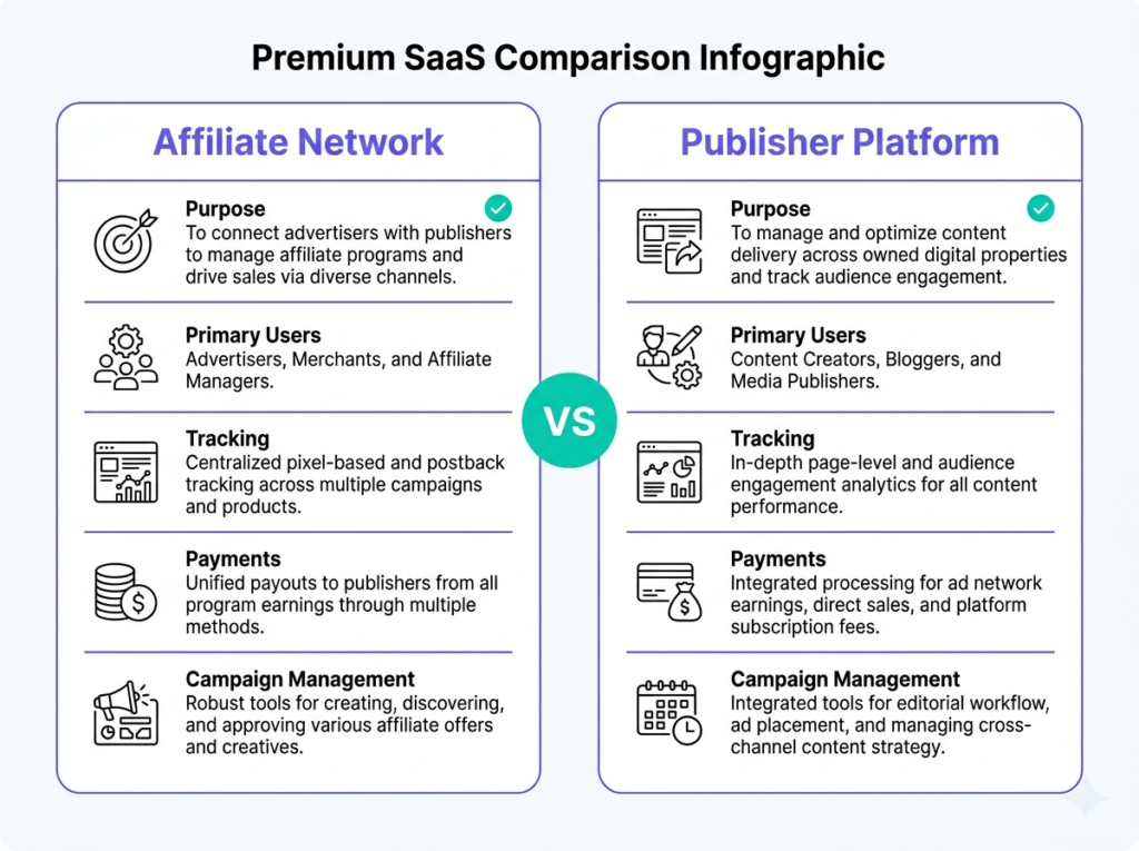 Comparison infographic showing the differences between an affiliate network and a publisher platform.