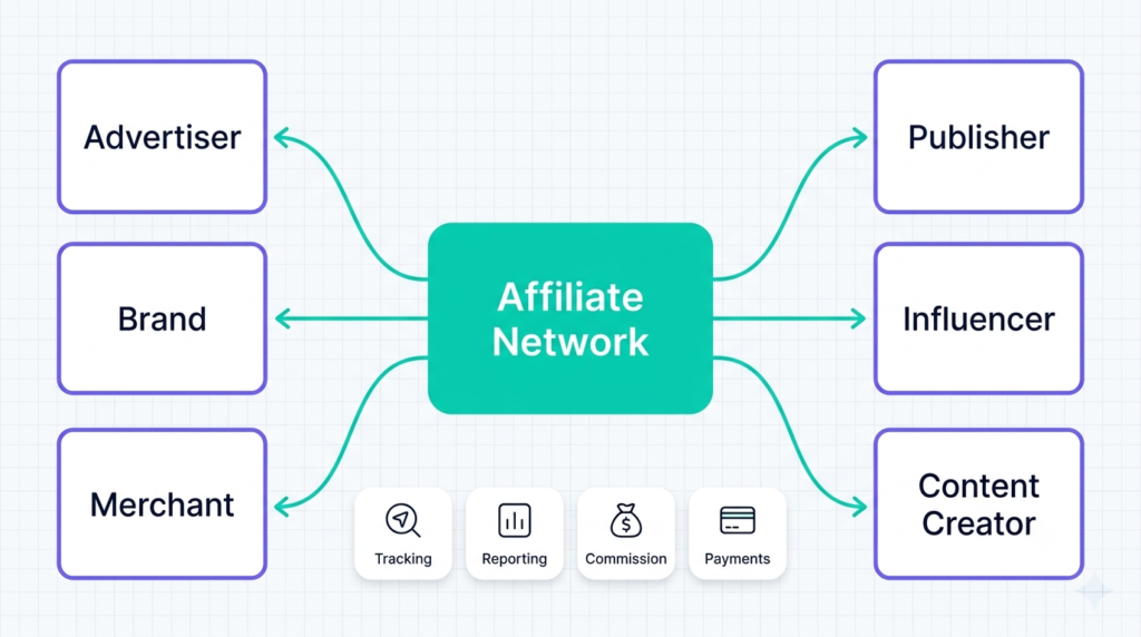 Illustration showing how an affiliate network connects advertisers with publishers while tracking clicks, conversions and commissions.