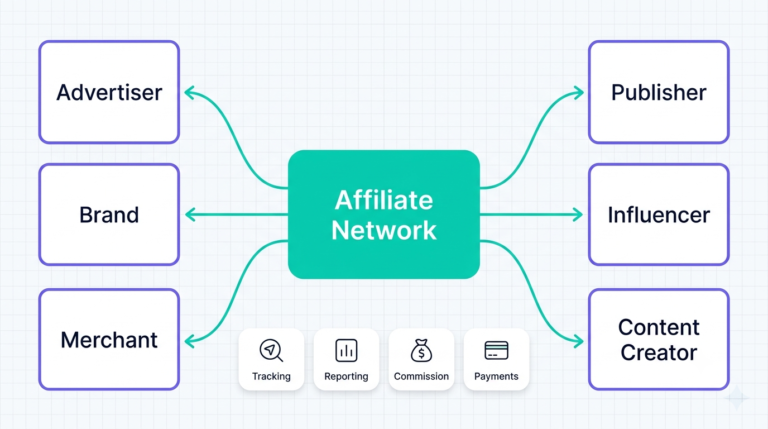 Illustration showing how an affiliate network connects advertisers with publishers while tracking clicks, conversions and commissions.