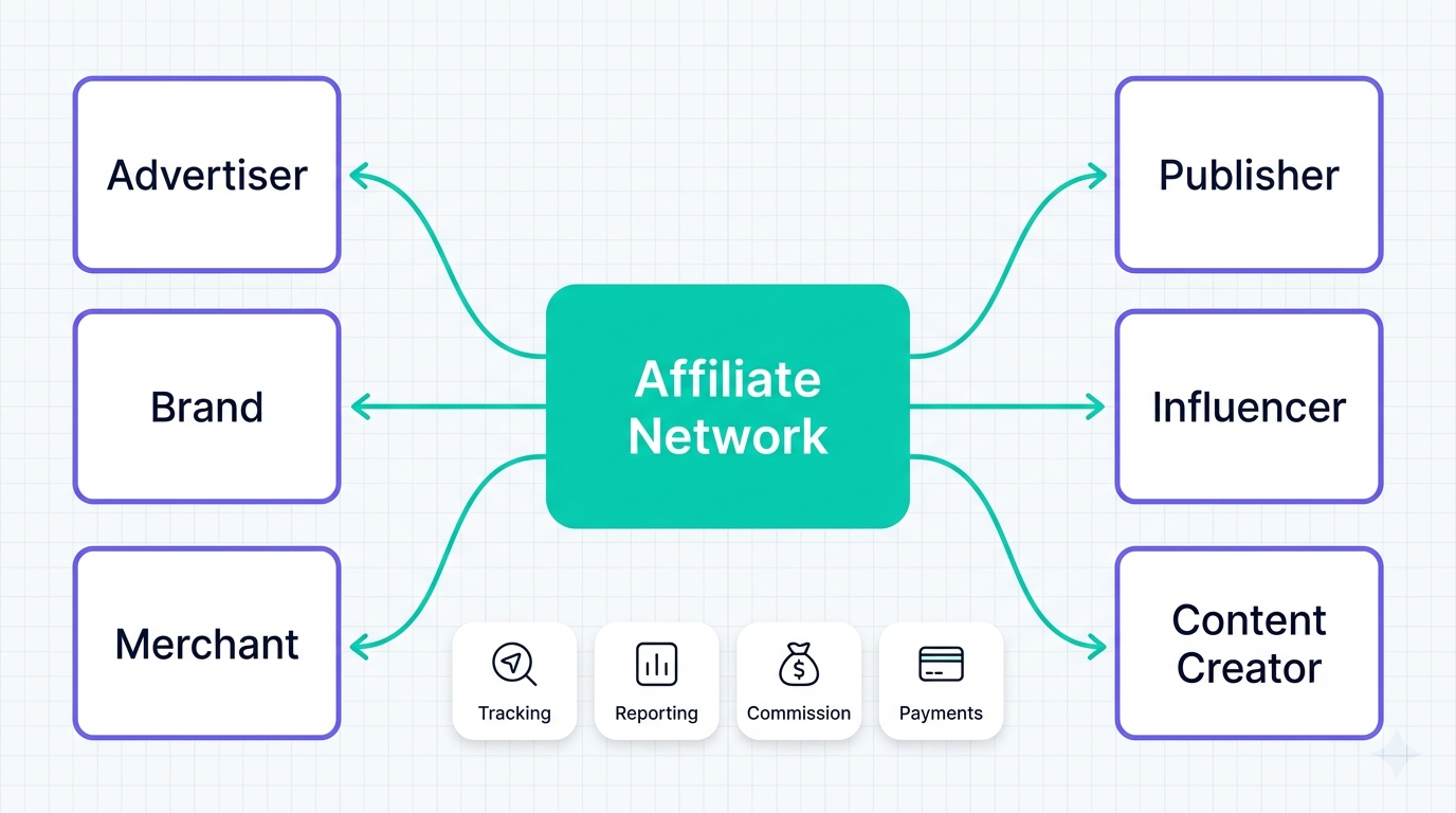 Illustration showing how an affiliate network connects advertisers with publishers while tracking clicks, conversions and commissions.