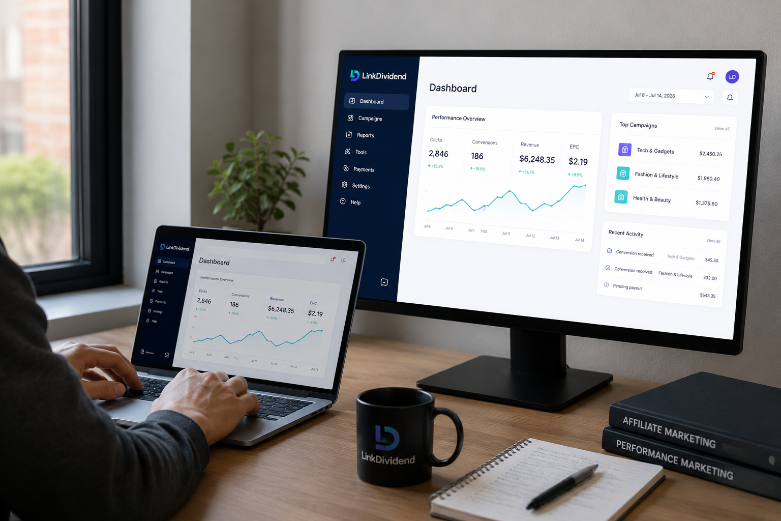 Publisher analyzing affiliate campaign reporting and conversion analytics