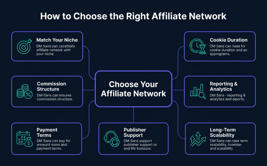 Checklist infographic showing the factors to consider before choosing an affiliate network.