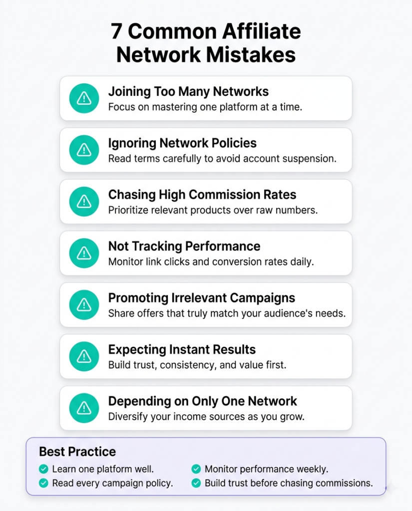 Infographic showing the most common mistakes beginners make when joining affiliate networks.