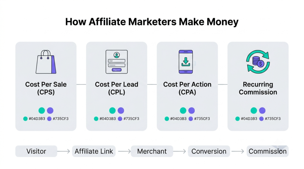 Professional infographic explaining how affiliate marketers earn commissions through different commission models