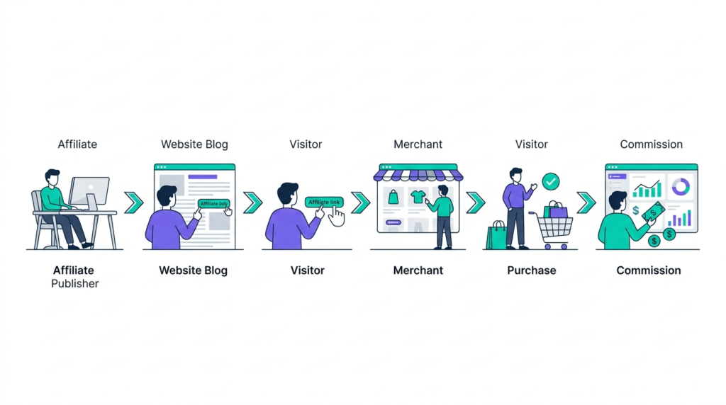 Illustration showing how affiliate marketing works from publisher to customer purchase