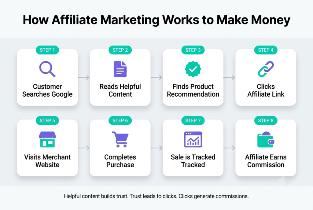 Illustration showing how affiliate marketing works to generate commissions through customer referrals.