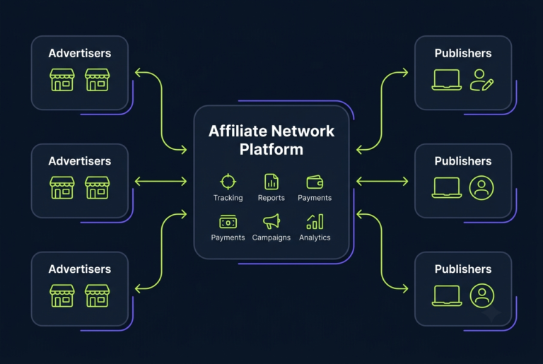Diagram showing how an affiliate network connects advertisers with publishers while tracking clicks, conversions and commissions.