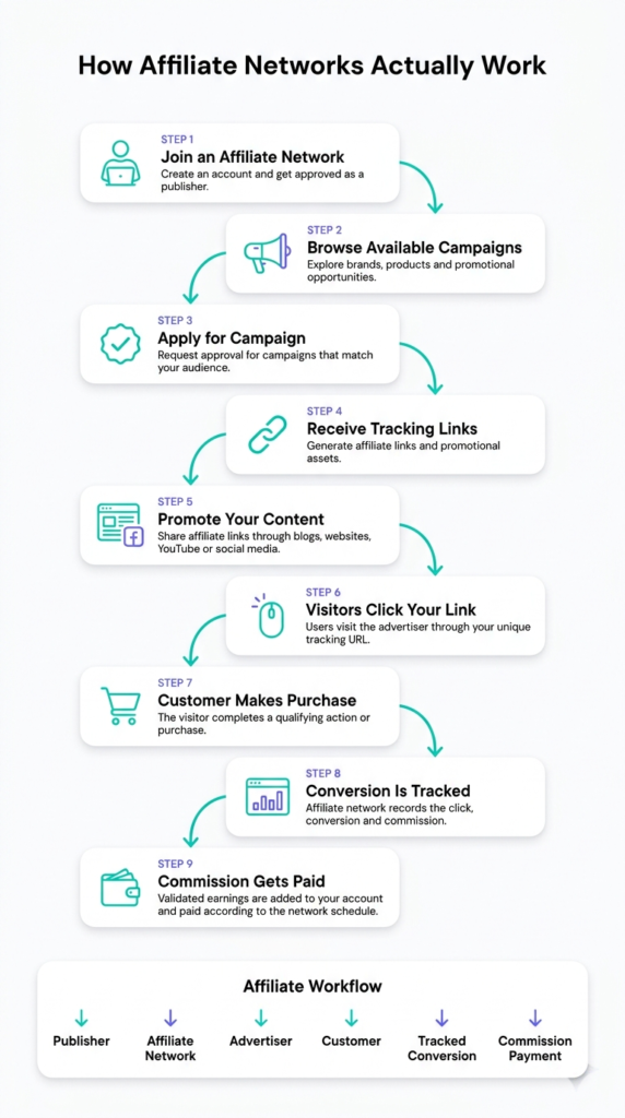 Step-by-step workflow showing how affiliate networks connect publishers, advertisers, customers, tracking systems, and commission payments.