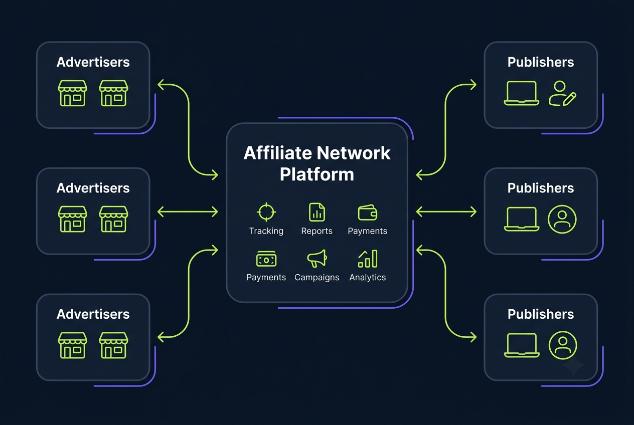 Diagram showing how an affiliate network connects advertisers with publishers while tracking clicks, conversions and commissions.