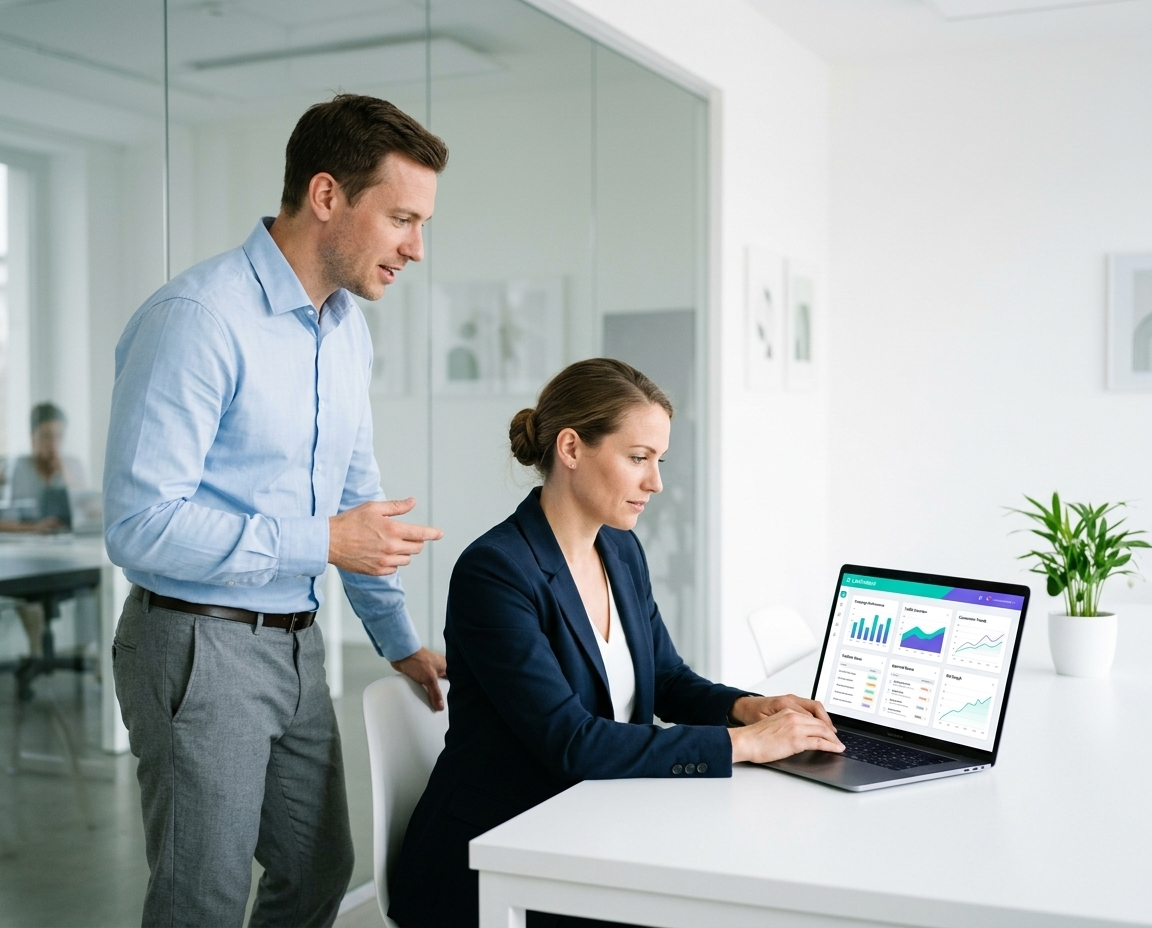 Affiliate partnership manager reviewing campaign attribution dashboard at LinkDividend