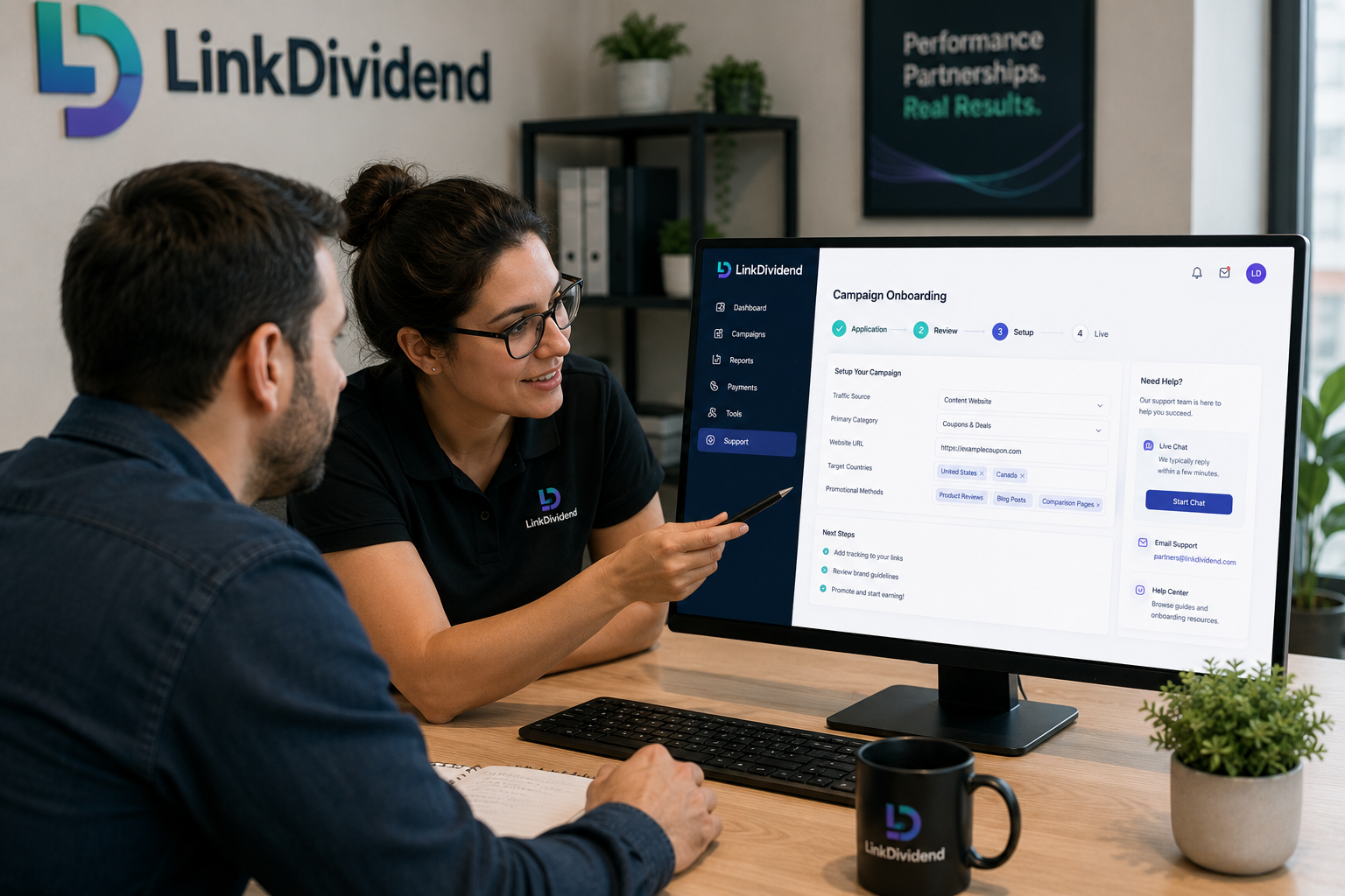 LinkDividend support team assisting a publisher with campaign onboarding