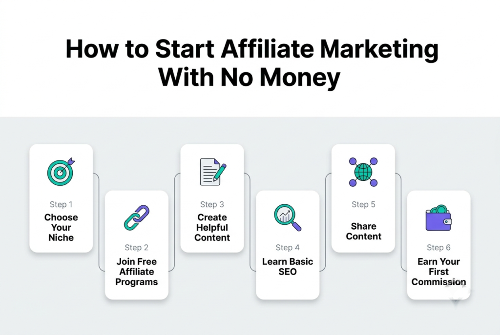 Step-by-step roadmap for starting affiliate marketing with no money using free tools and affiliate programs