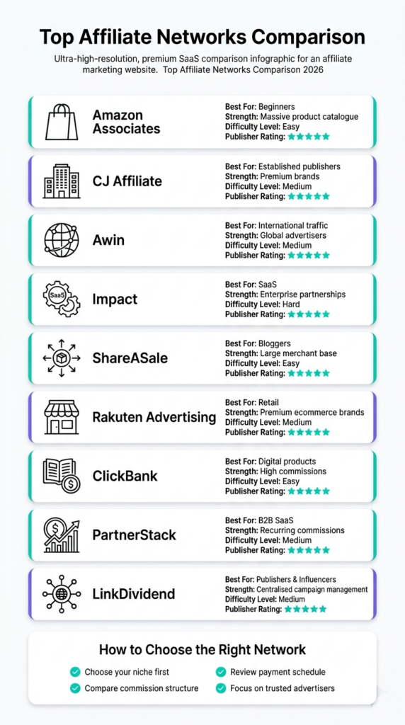 Comparison infographic showing the most popular affiliate networks, their strengths, ideal users, and commission focus.
