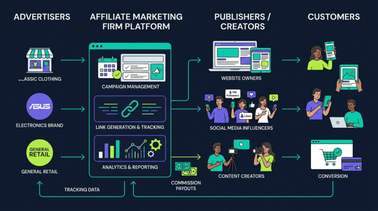 Affiliate marketing Firm workflow showing advertisers publishers tracking conversions and commissions
