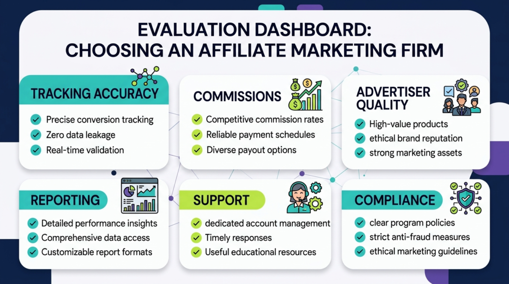 Affiliate marketing firm evaluation checklist showing tracking commissions support and advertiser quality
