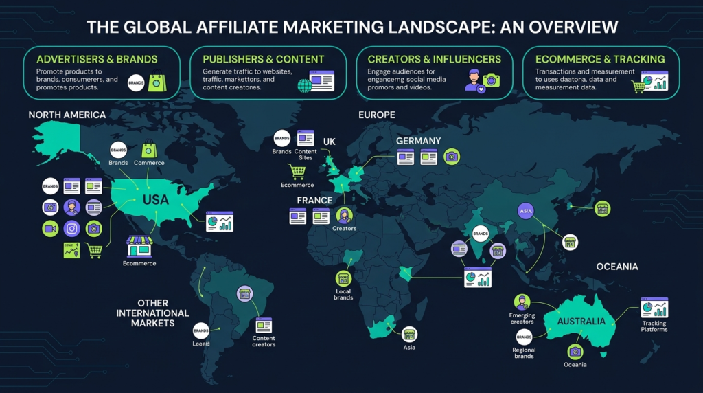 Global map showing affiliate marketing firms and partnership opportunities across countries