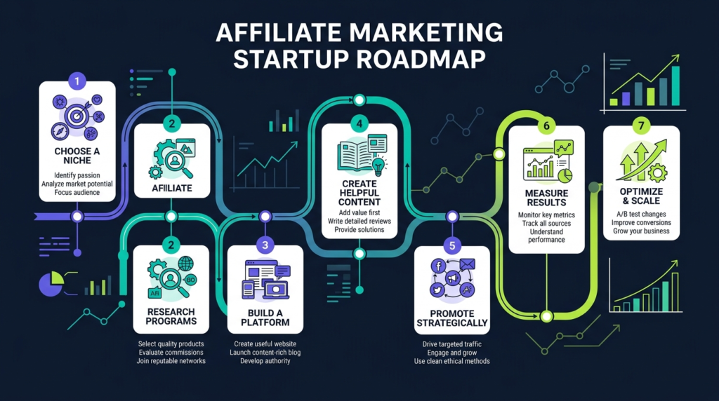 Affiliate marketing roadmap showing niche selection content creation programs and performance tracking