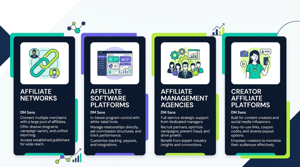 Comparison infographic showing affiliate networks software platforms agencies and creator affiliate platforms