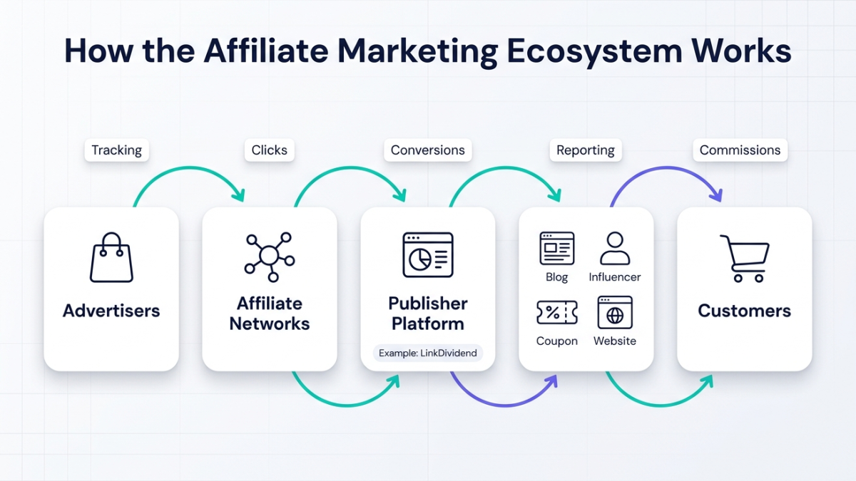 Modern infographic showing how advertisers, affiliate networks, publisher platforms, publishers, and customers connect in affiliate marketing.