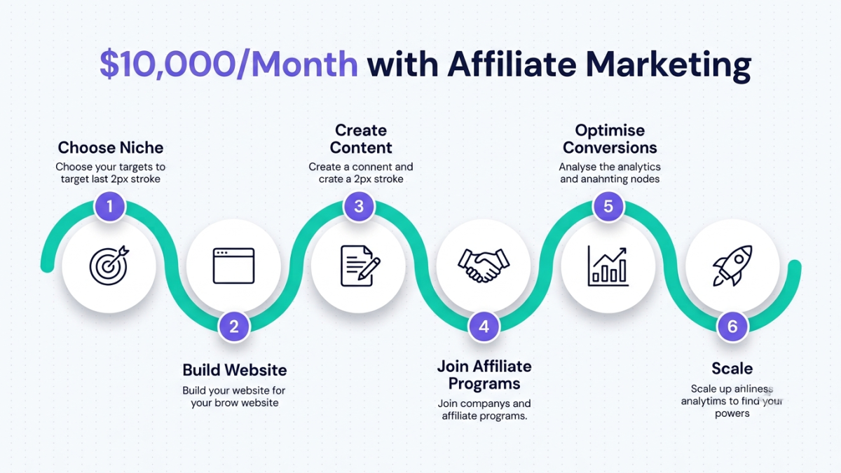 Roadmap infographic illustrating the six stages required to build a $10,000 per month affiliate marketing business.