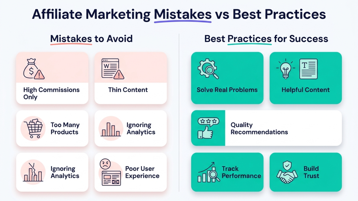 Side-by-side infographic comparing common affiliate marketing mistakes with recommended best practices for long-term success.
