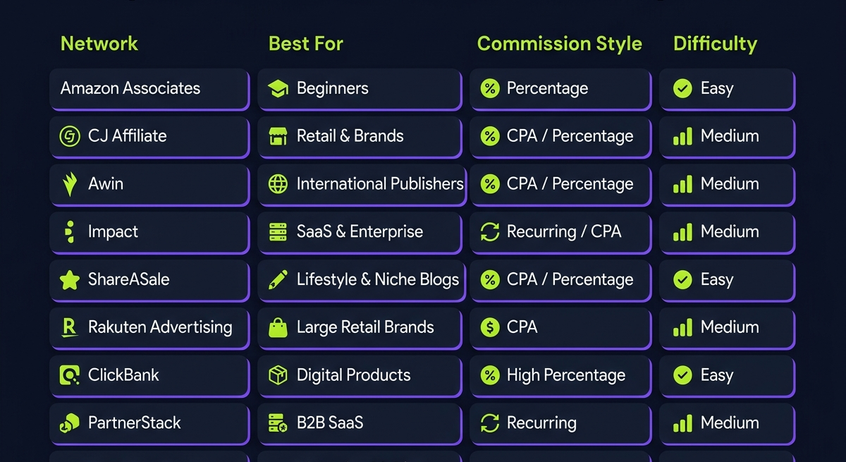 Comparison of popular affiliate networks including Amazon Associates, CJ Affiliate, Awin, Impact, ShareASale, Rakuten Advertising, ClickBank, PartnerStack, and publisher platforms.