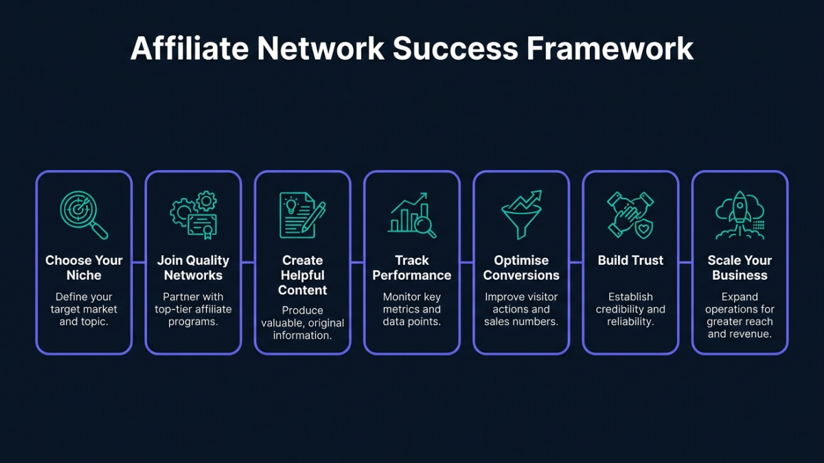 Infographic showing the key habits successful affiliate publishers follow for long-term growth.