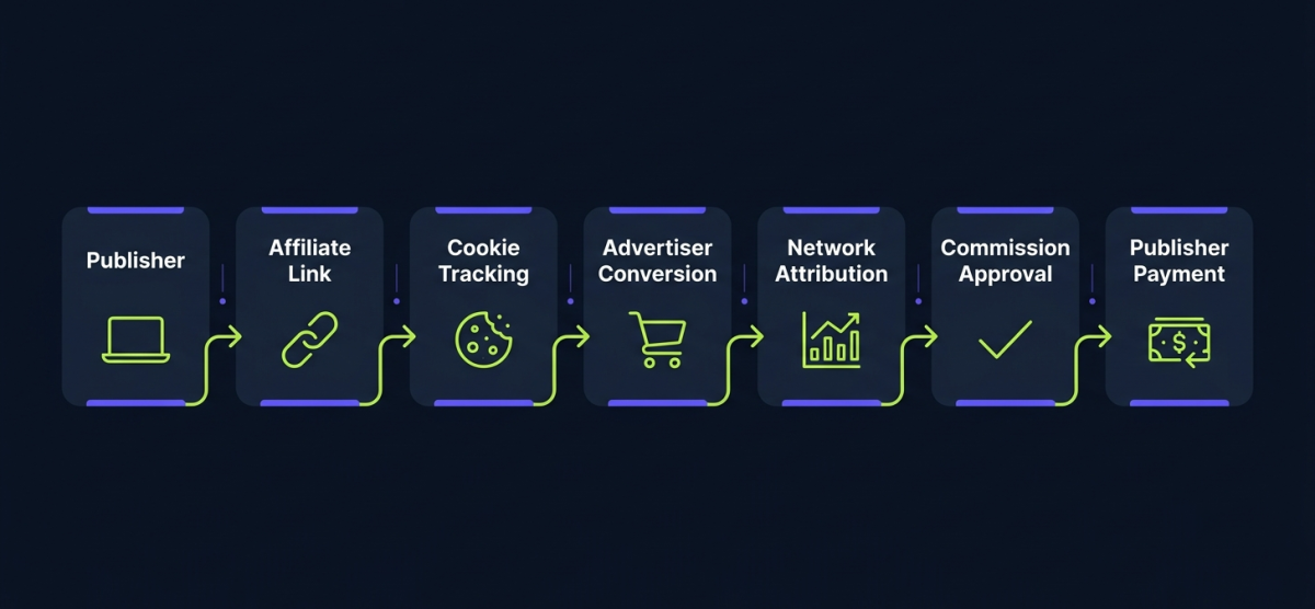 Step-by-step workflow showing how affiliate networks track clicks, cookies, conversions, and commission payments.
