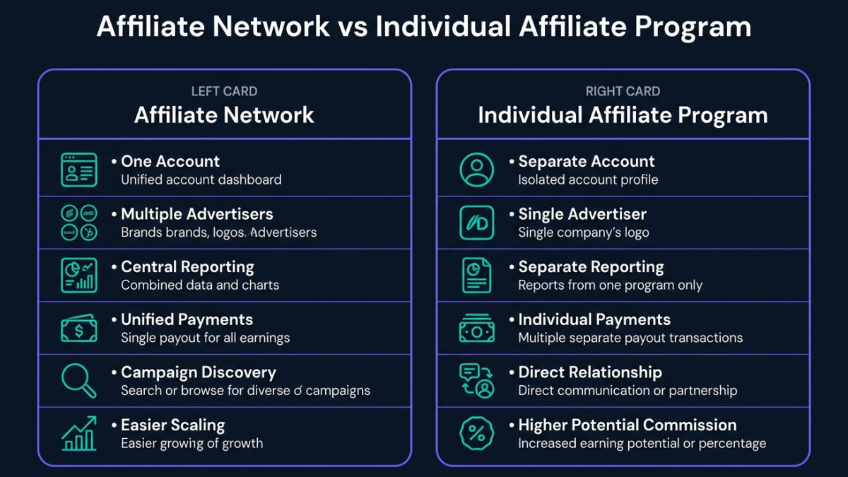 Comparison between an affiliate network and an individual affiliate program showing differences in tracking, reporting, advertisers, and payments.