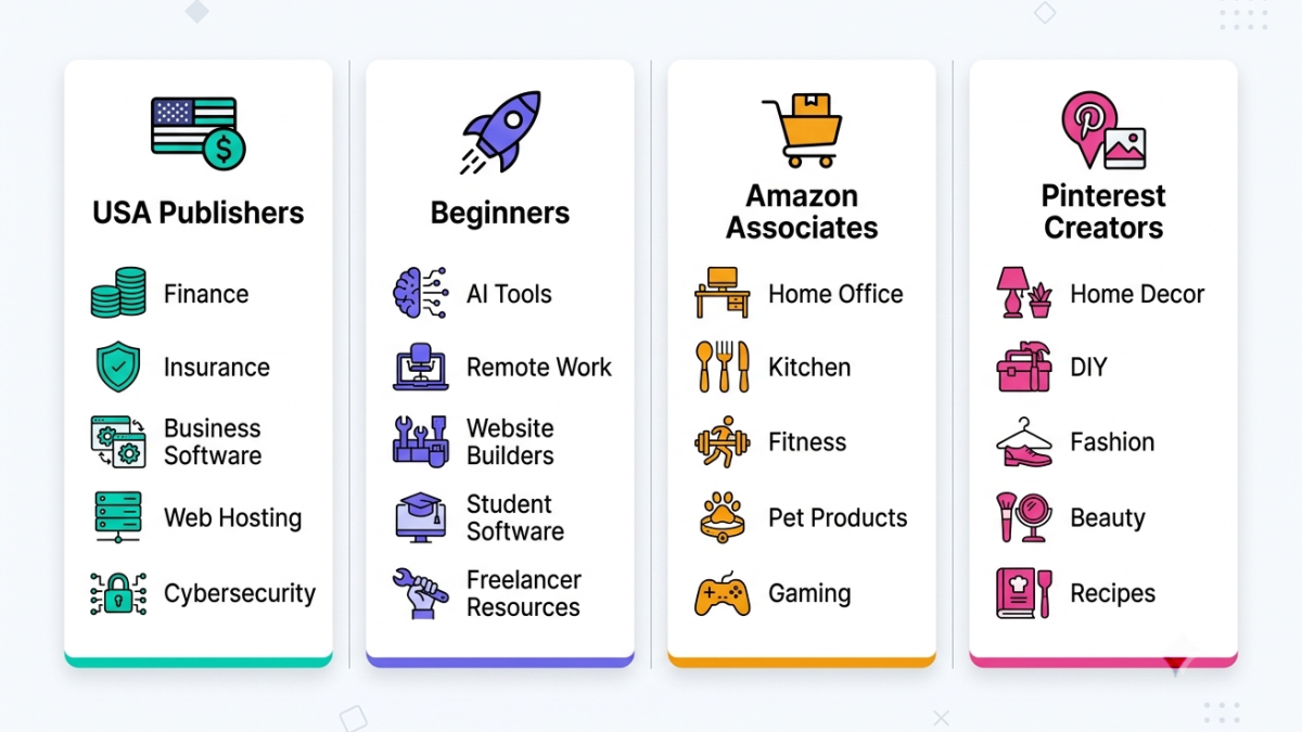 Infographic comparing the best affiliate marketing niches for USA publishers, beginners, Amazon Associates, and Pinterest marketers in 2026.
