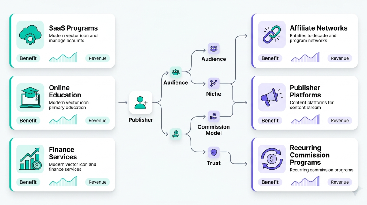 Comparison infographic showing SaaS, education, finance, affiliate networks, publisher platforms, and recurring commission programs.