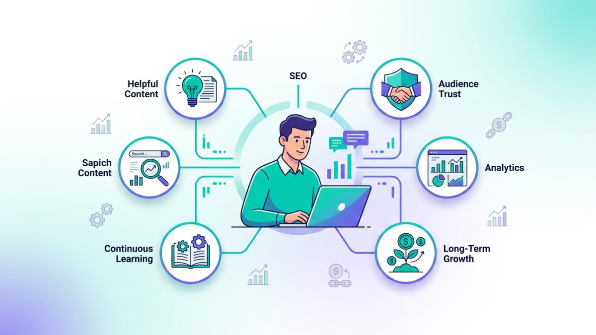 Illustration showing the mindset and best practices of successful high-ticket affiliate publishers.