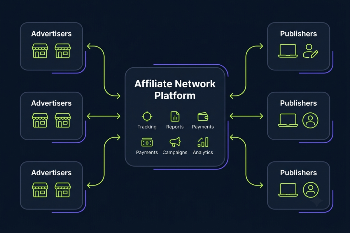 Diagram showing how an affiliate network connects advertisers with publishers while tracking clicks, conversions and commissions.