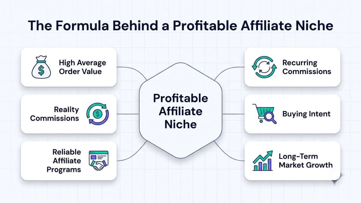 Infographic showing the five key factors that make an affiliate marketing niche profitable in 2026.