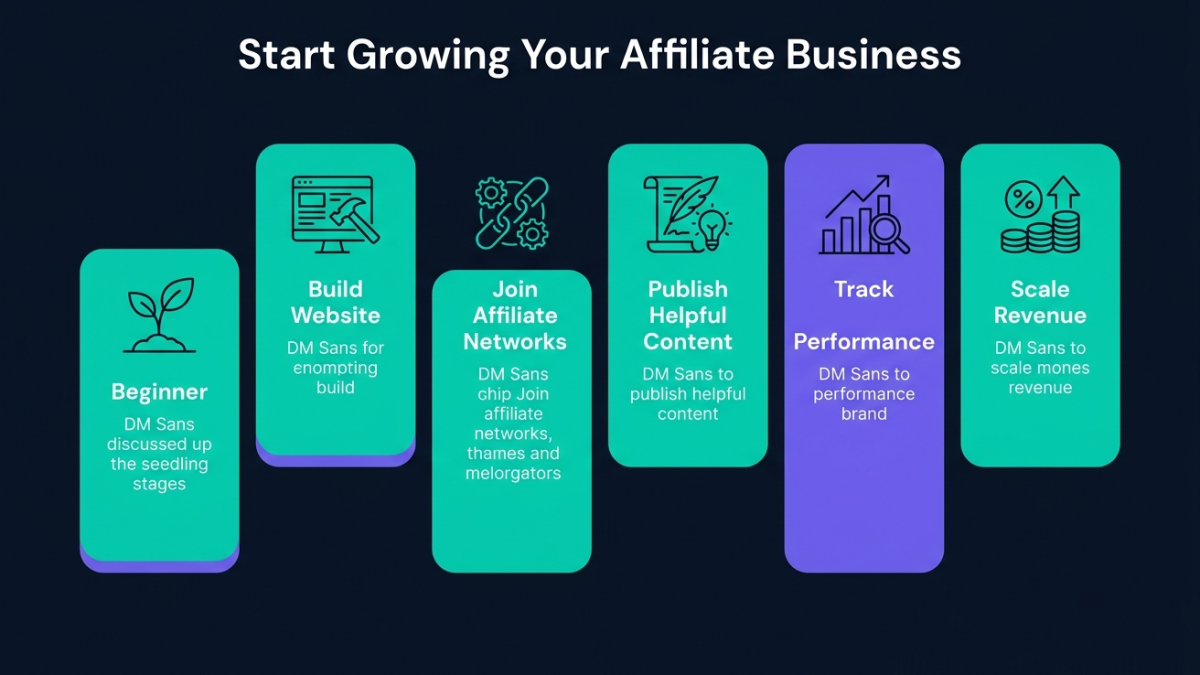 Illustration showing the complete affiliate marketing growth journey from beginner to successful publisher.
