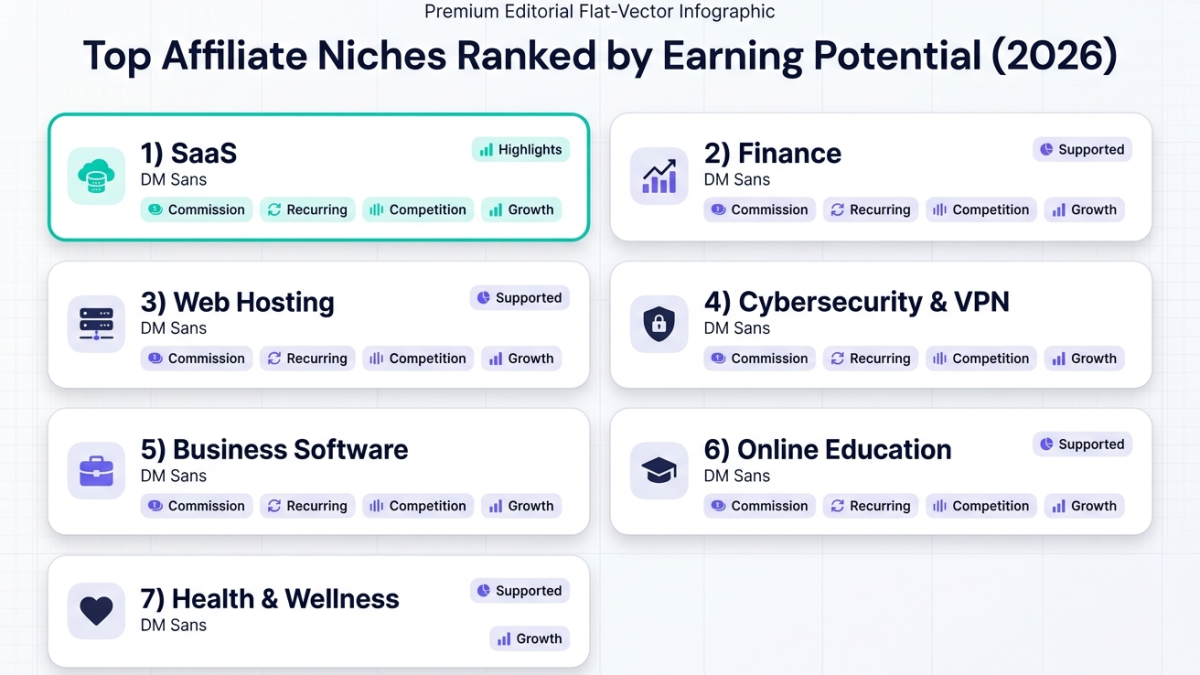 Editorial infographic ranking the highest-paying affiliate marketing niches in 2026 including SaaS, Finance, Hosting, VPN, Business Software, Online Education, and Health.
